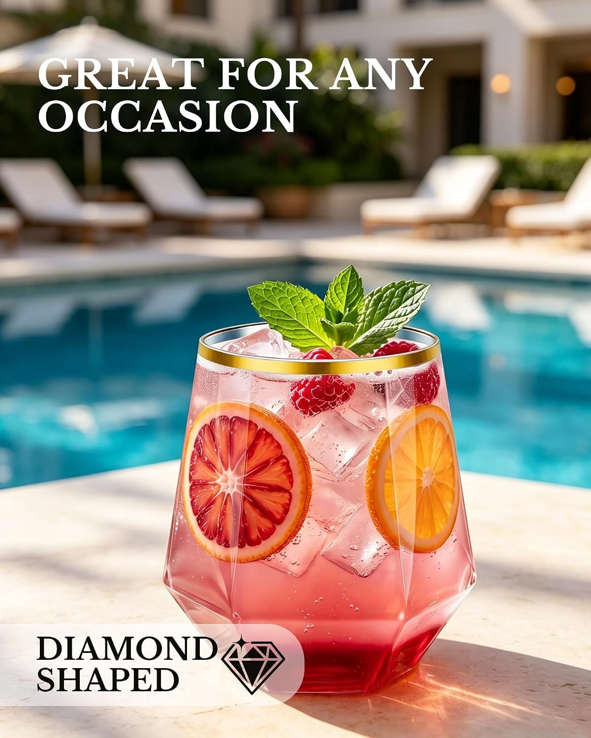 image:image40 Pack 12 Oz Stemless Plastic Wine GlassesGold Rim Disposable Wine GlassClear and Gold Rim